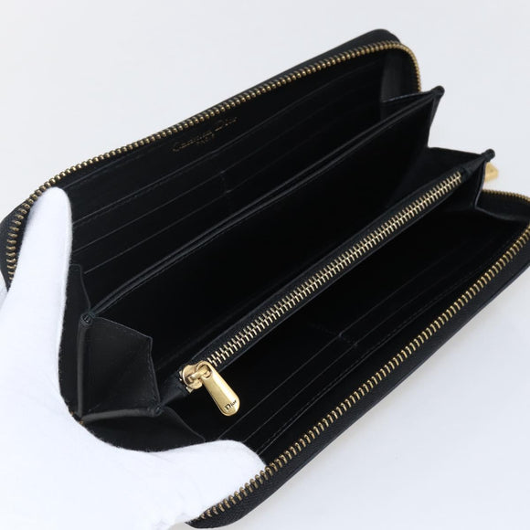 Christian Dior Round Long Wallet Leather Black Gold Auth am10801