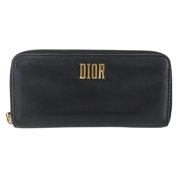 Christian Dior Round Long Wallet Leather Black Gold Auth am10801
