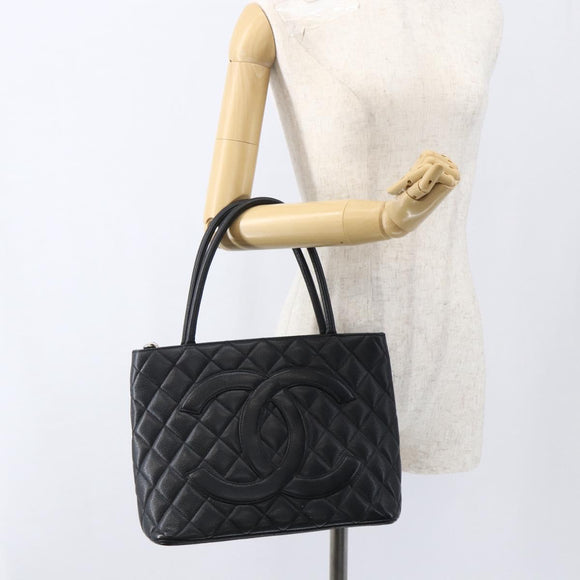 CHANEL Matelasse Reprint Tote Bag Caviar Skin Black Silver CC Auth am10812SAM