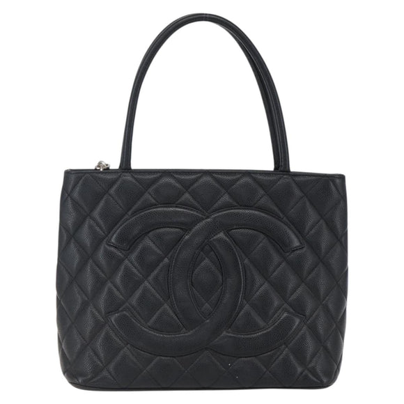 CHANEL Matelasse Reprint Tote Bag Caviar Skin Black Silver CC Auth am10812SAM
