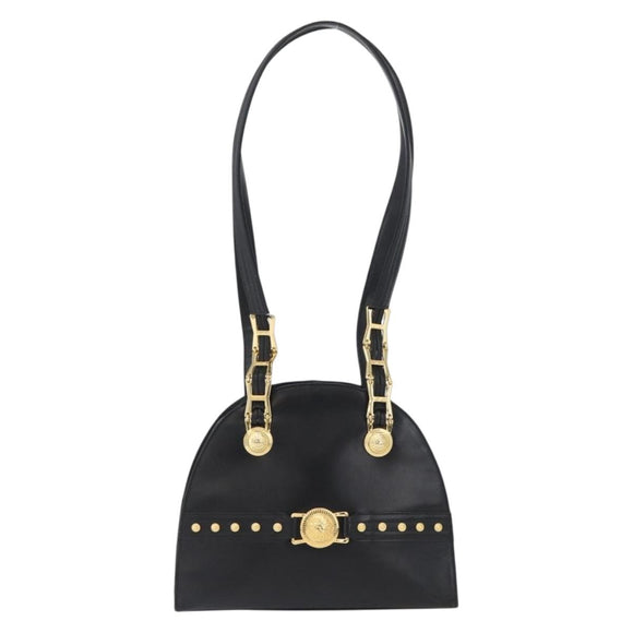 Gianni Versace Sunburst Tote Bag Leather Black Gold Auth am10821A