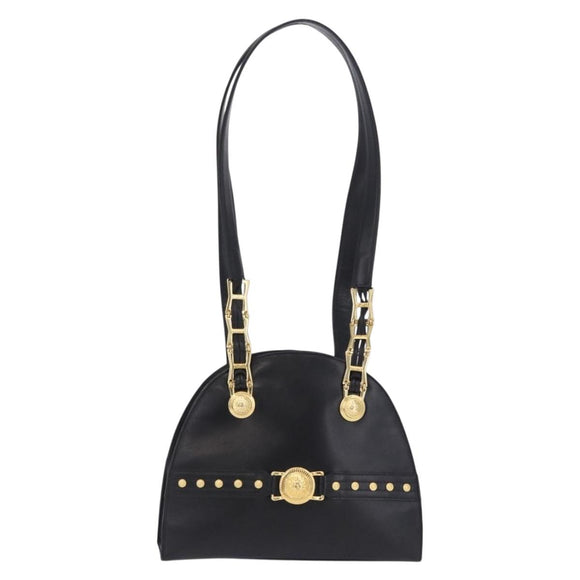 Gianni Versace Sunburst Tote Bag Leather Black Gold Auth am10821A