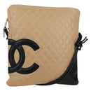 CHANEL Cambon Line Matelasse Shoulder Bag Lamb Skin Beige Black CC Auth am10849V-1