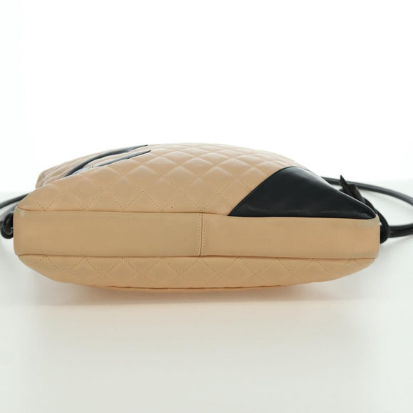 CHANEL Cambon Line Matelasse Shoulder Bag Lamb Skin Beige Black CC Auth am10849V