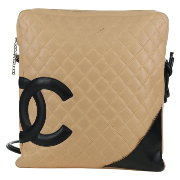 CHANEL Cambon Line Matelasse Shoulder Bag Lamb Skin Beige Black CC Auth am10849V