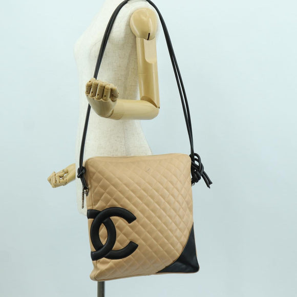CHANEL Cambon Line Matelasse Shoulder Bag Lamb Skin Beige Black CC Auth am10849V