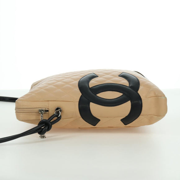 CHANEL Cambon Line Matelasse Shoulder Bag Lamb Skin Beige Black CC Auth am10849V