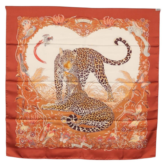 HERMES Carre 90 Scarf ""JUNGLE LOVE"" Silk Orange Auth am10854V