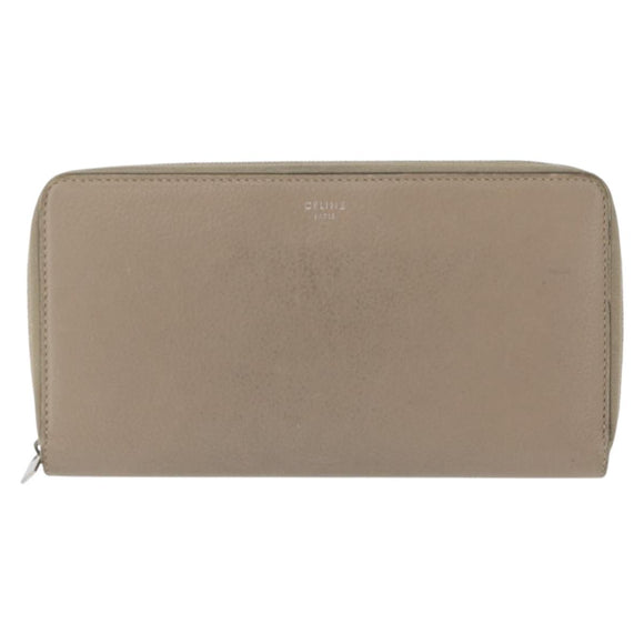 CELINE Long Wallet Leather Beige Silver Auth am10868