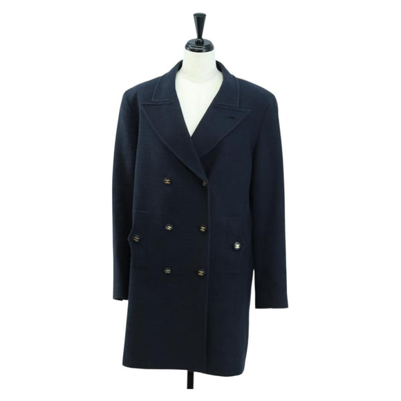 CHANEL Double Breasted jacket Coat cotton Navy CC Auth am10874V