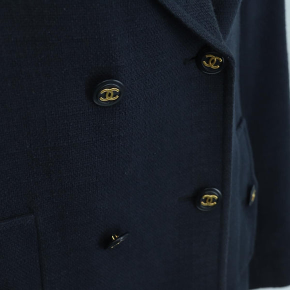 CHANEL Double Breasted jacket Coat cotton Navy CC Auth am10874V