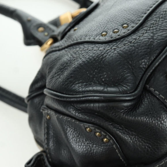Chloe Paddington Tote Bag Leather Black Gold Silver Auth am10896V