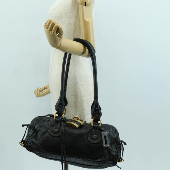 Chloe Paddington Tote Bag Leather Black Gold Silver Auth am10896V