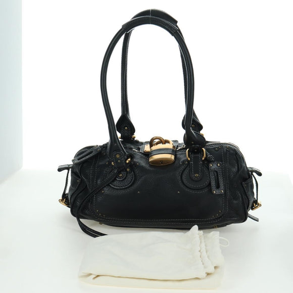 Chloe Paddington Tote Bag Leather Black Gold Silver Auth am10896V