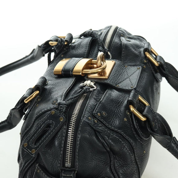 Chloe Paddington Tote Bag Leather Black Gold Silver Auth am10896V