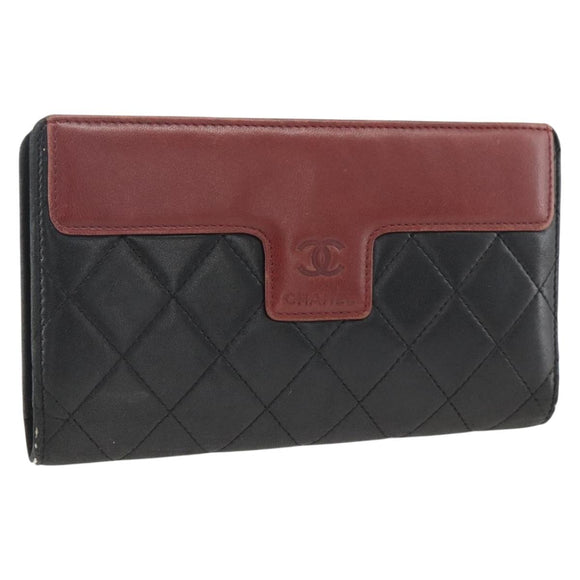 CHANEL Matelasse Long Wallet Lamb Skin Black Silver CC Auth am10948