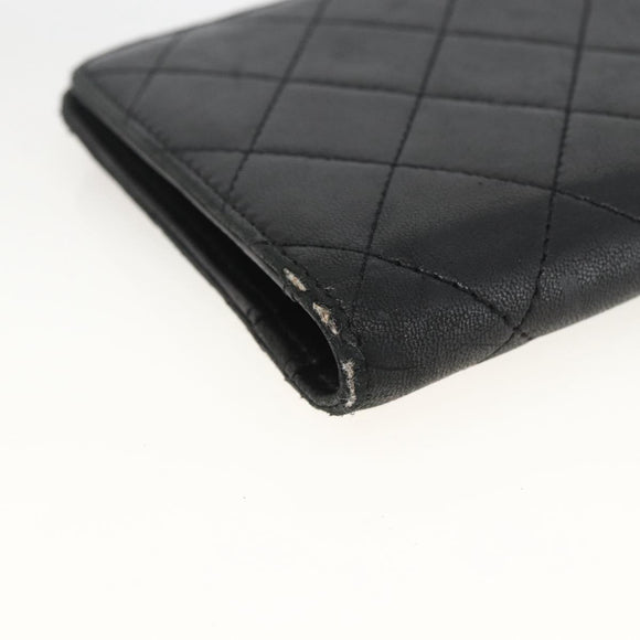 CHANEL Matelasse Long Wallet Lamb Skin Black Silver CC Auth am10948