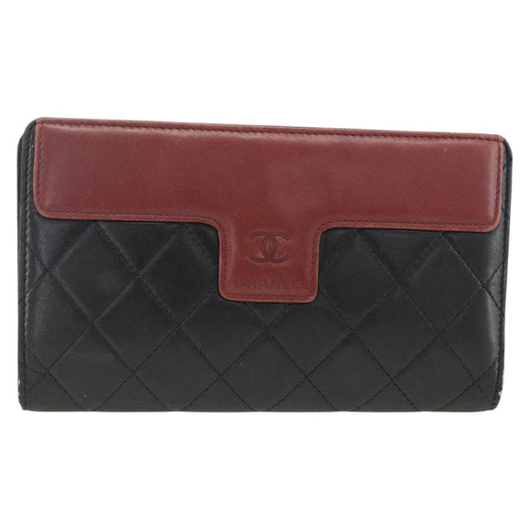 CHANEL Matelasse Long Wallet Lamb Skin Black Silver CC Auth am10948