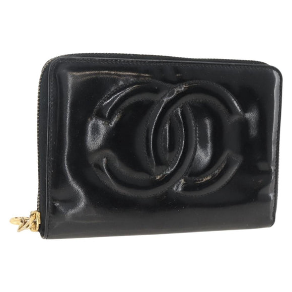 CHANEL Compact Long Wallet Patent leather Black CC Auth am10949A