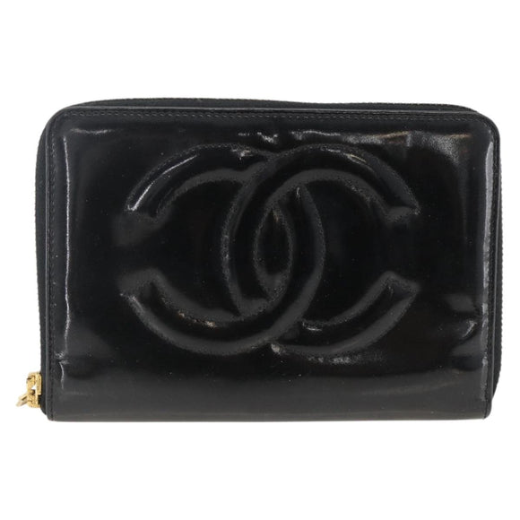 CHANEL Compact Long Wallet Patent leather Black CC Auth am10949A