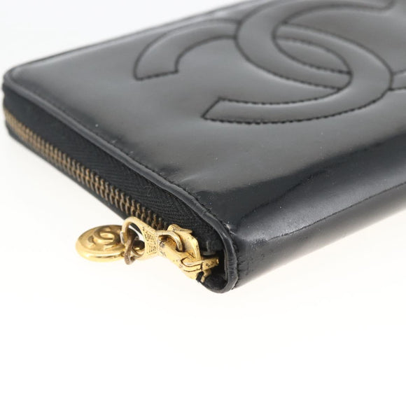 CHANEL Compact Long Wallet Patent leather Black CC Auth am10949A