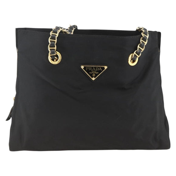 PRADA Chain Tote Bag Nylon Black Gold Auth am10950A