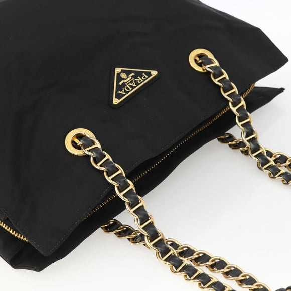 PRADA Chain Tote Bag Nylon Black Gold Auth am10950A