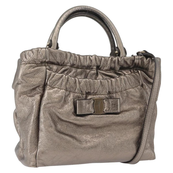 Salvatore Ferragamo Vala Hand Bag Leather 2way Silver Auth am10956