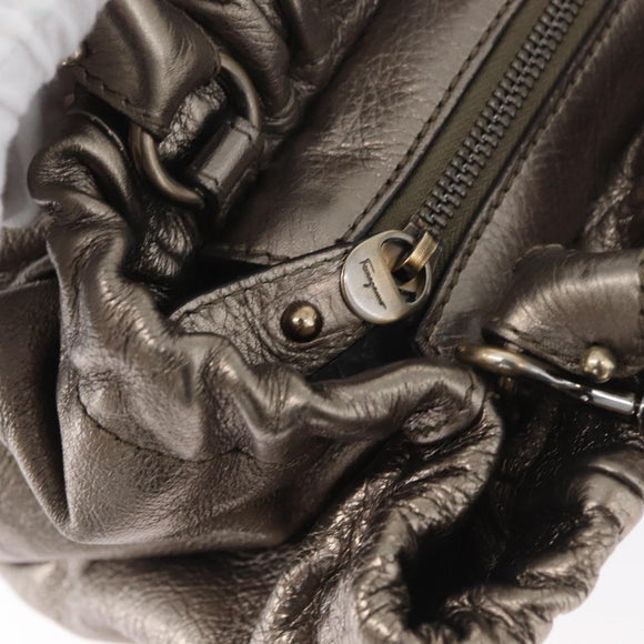 Salvatore Ferragamo Vala Hand Bag Leather 2way Silver Auth am10956