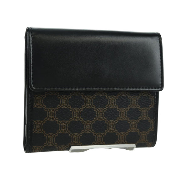 CELINE Macadam Canvas Trifold Wallet PVC Leather Black Gold Auth am11034V