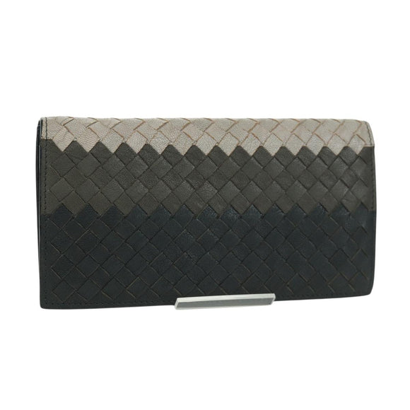 BOTTEGA VENETA INTRECCIATO Long Wallet Leather Navy Gray Ivory Auth am11043A