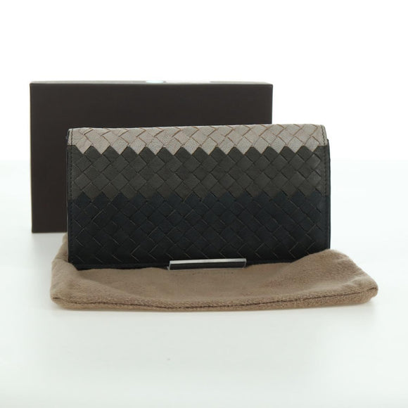 BOTTEGA VENETA INTRECCIATO Long Wallet Leather Navy Gray Ivory Auth am11043A