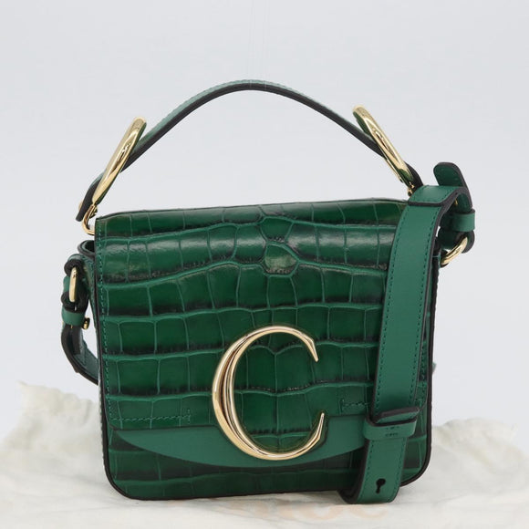 Chloe C Hand Bag Embossed Leather 2way Green Gold Auth am11062V