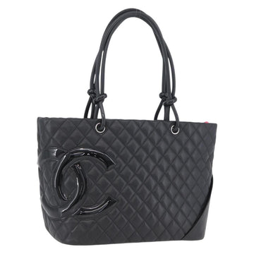CHANEL Cambon Line Matelasse Tote Bag Lamb Skin Black Silver CC Auth am11064M