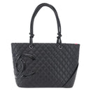 CHANEL Cambon Line Matelasse Tote Bag Lamb Skin Black Silver CC Auth am11064M-13