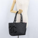 CHANEL Cambon Line Matelasse Tote Bag Lamb Skin Black Silver CC Auth am11064M-27