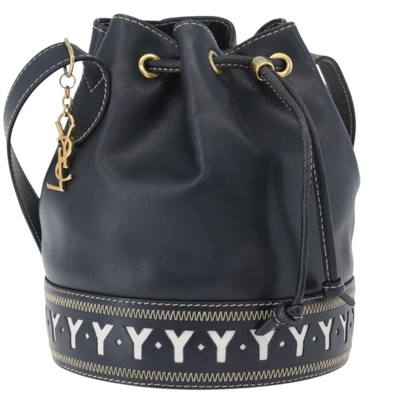 SAINT LAURENT Purse Shoulder Bag Leather Navy White Gold Auth am11069A