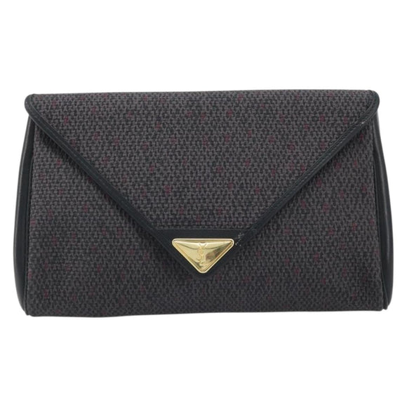SAINT LAURENT Clutch Bag Leather Canvas Black Gold Auth am11073A