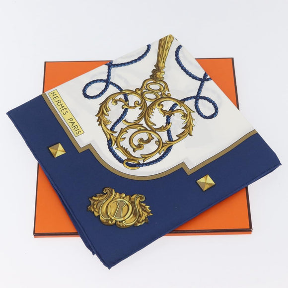 HERMES Carre 90 Scarf Silk ""LES CLES"" Navy White Auth am11080V
