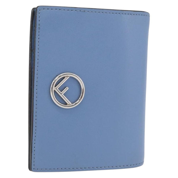 FENDI F-Is Bi-fold Bifold Wallet Leather Light Blue Silver Auth am11084A