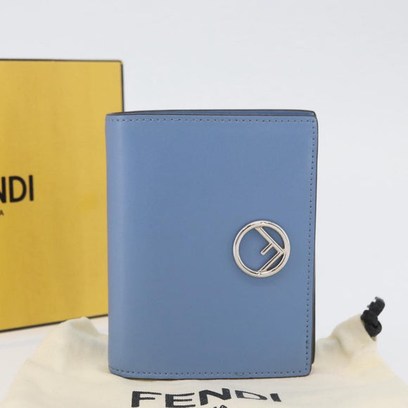 FENDI F-Is Bi-fold Bifold Wallet Leather Light Blue Silver Auth am11084A