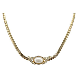Christian Dior Pearl Rhinestone Necklace metal Gold Auth am11102A