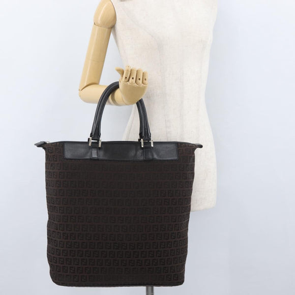 FENDI Zucchino Canvas Hand Tote Bag Black Brown Auth am11110A