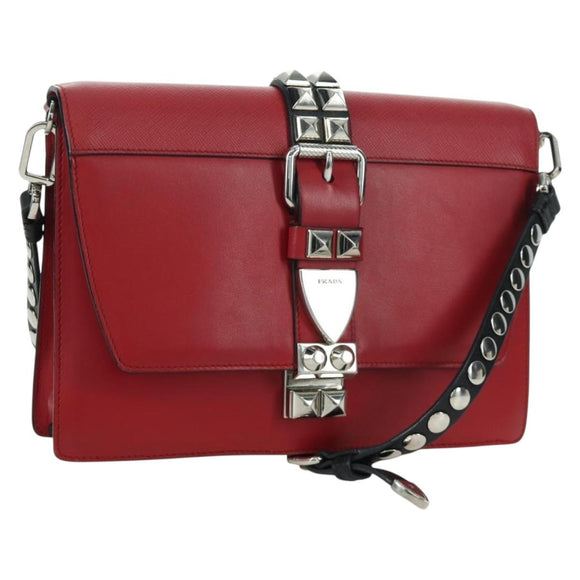 PRADA Electra Studs Chain Shoulder Bag Leather Red Silver Auth am11175V