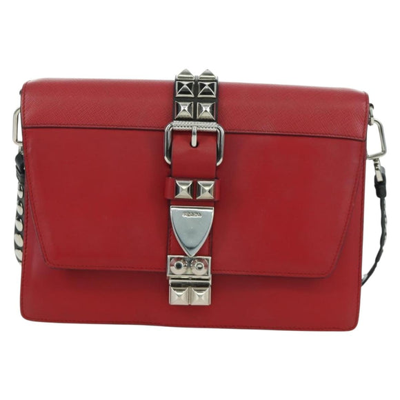 PRADA Electra Studs Chain Shoulder Bag Leather Red Silver Auth am11175V
