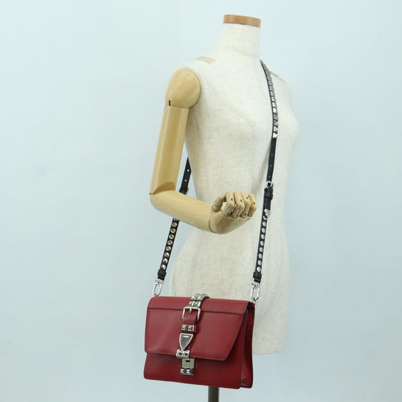PRADA Electra Studs Chain Shoulder Bag Leather Red Silver Auth am11175V