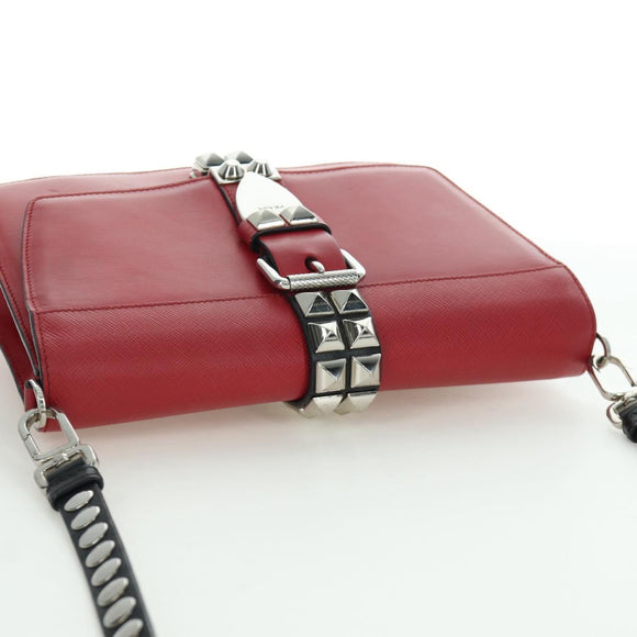 PRADA Electra Studs Chain Shoulder Bag Leather Red Silver Auth am11175V