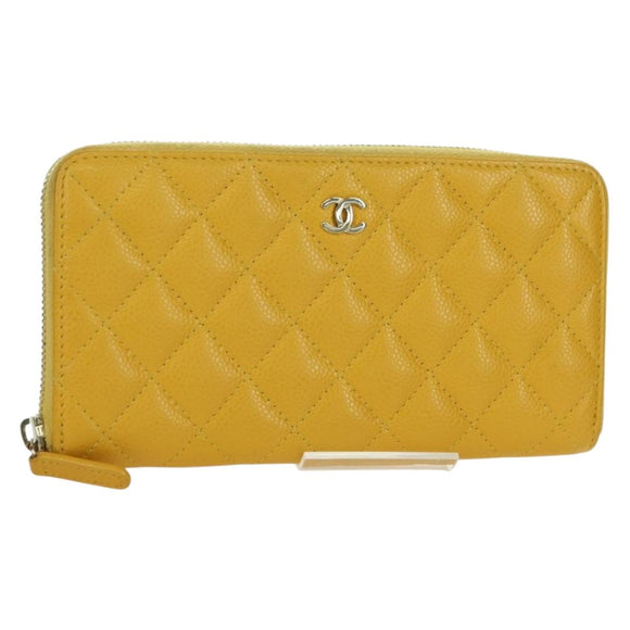 CHANEL Matelasse Round Long Wallet Caviar Skin Yellow Gold CC Auth am11223M