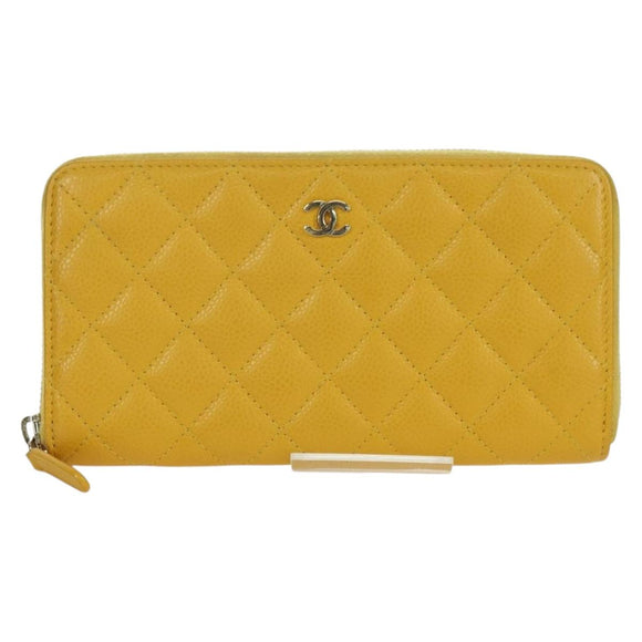 CHANEL Matelasse Round Long Wallet Caviar Skin Yellow Gold CC Auth am11223M