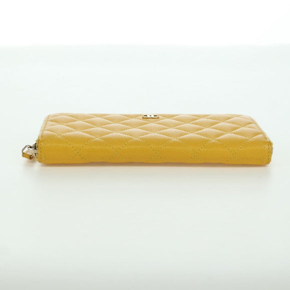 CHANEL Matelasse Round Long Wallet Caviar Skin Yellow Gold CC Auth am11223M